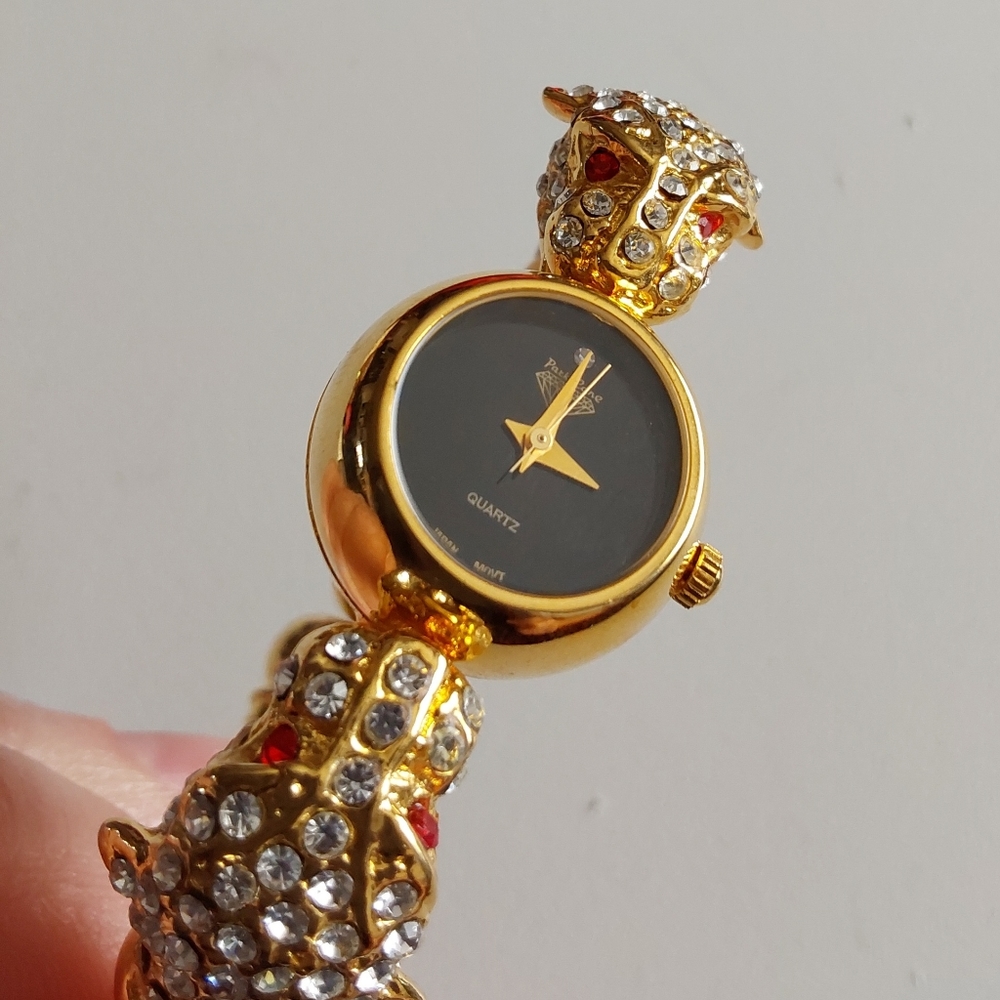 Park Lane Swarovski Crystal Leopard Heads Silver & Gold Cuff Bracelet Watch